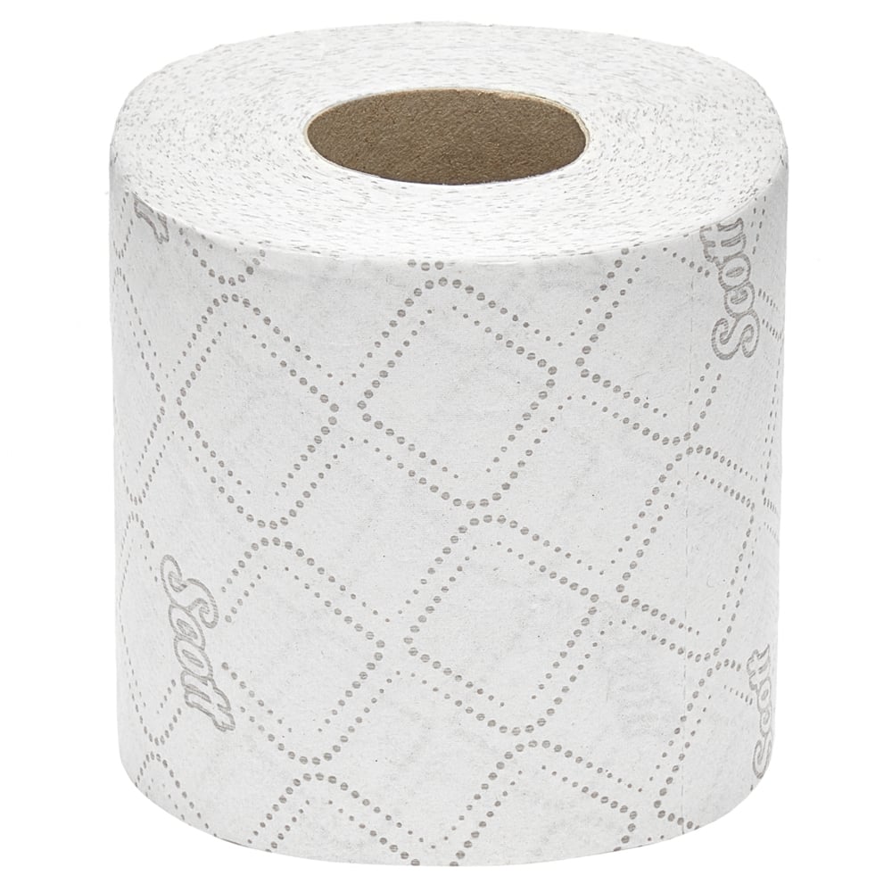 Eine Scott® Essential™ Toilettenpapier Kleinrollen Box von Kimberly-Clark GmbH enthält 8 Packungen mit 8 weißen Kleinrollen mit jeweils 350 Blatt pro Rolle, abgebildet auf weißem Hintergrund.