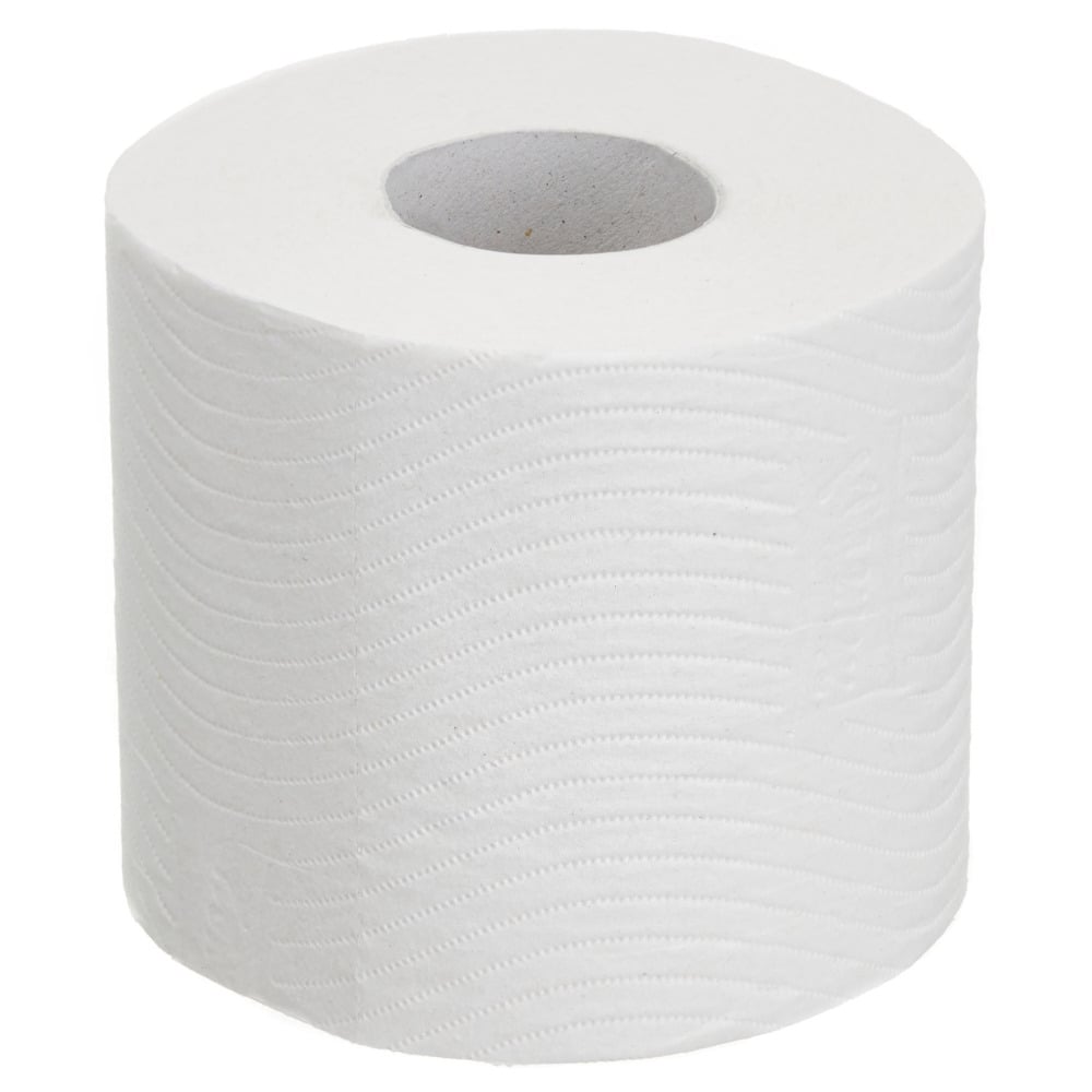 Eine einzelne unbenutzte Kleenex® Toilettenpapierrolle der Kimberly-Clark GmbH steht aufrecht auf einem schlichten weißen Hintergrund und zeigt ihr dezentes Wellenmuster. Sie ist Teil eines 8er-Packs mit jeweils 9 kleinen Rollen und 195 Blatt pro Rolle.