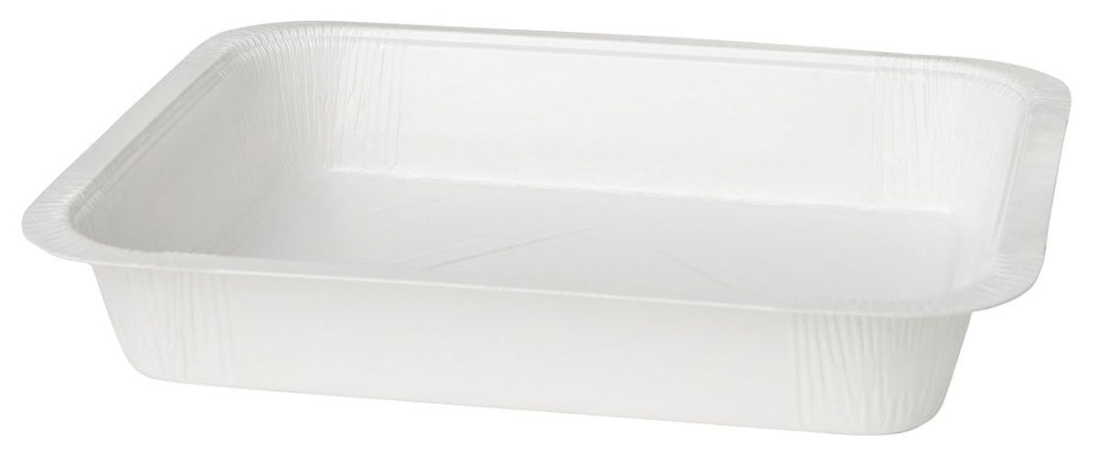 Ein weißes, rechteckiges Siegelschalen Karton/PET Tray der Duni GmbH mit leicht erhabenen Rändern, schräg dargestellt vor einem schlichten Hintergrund. Ideal als umweltfreundliche Lebensmittelverpackung für diverse Anwendungen.
