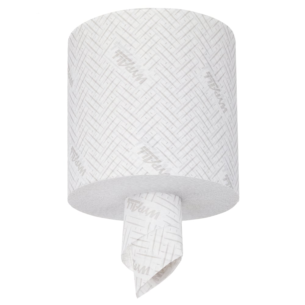 Ein WypAll® L10 Papierwischtuch von Kimberly-Clark GmbH hängt im Centrefeed-Spender, Einzelblatt herausgezogen-ideale Lösung für Reinigung im Service & Einzelhandel (38,00 cm x 18,30 cm).