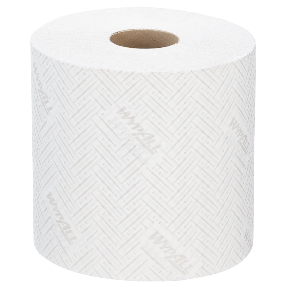 Eine einzelne Rolle WypAll® L10 Papierwischtuch der Kimberly-Clark GmbH im Format 38,00 cm x 18,30 cm für Centrefeed for Reach+™ Spender steht aufrecht auf einem schlichten weißen Hintergrund.