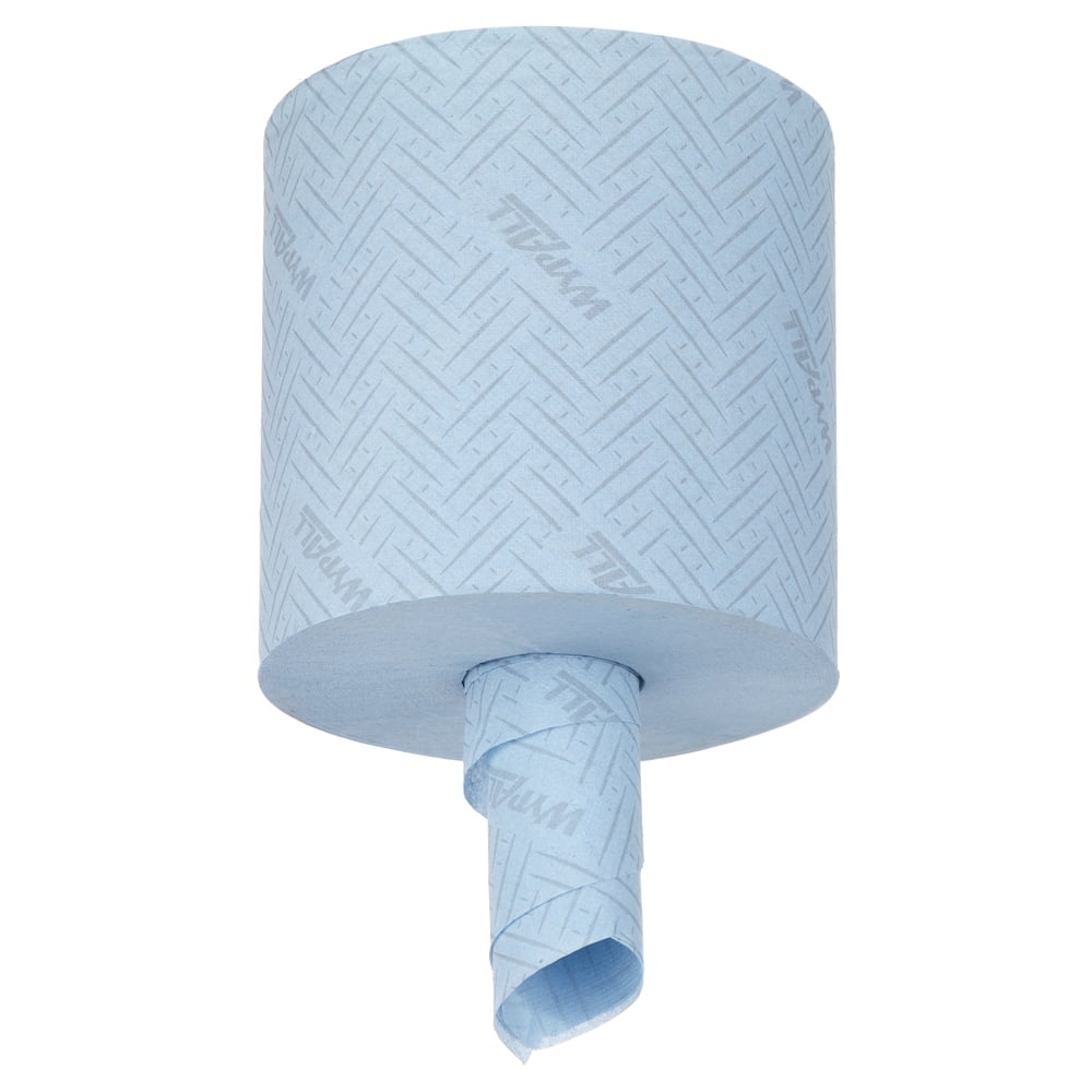 Ein großes blaues WypAll® L10 Papierwischtuch von Kimberly-Clark GmbH steht aufrecht, perforiert und teilweise aus der Mitte ausgerollt. Diese Centerfeed-Reinigungsrolle ist für den Einsatz im Lebensmittel- und Hygienebereich konzipiert, mit 6 Rollen x 630 Blatt pro Karton.