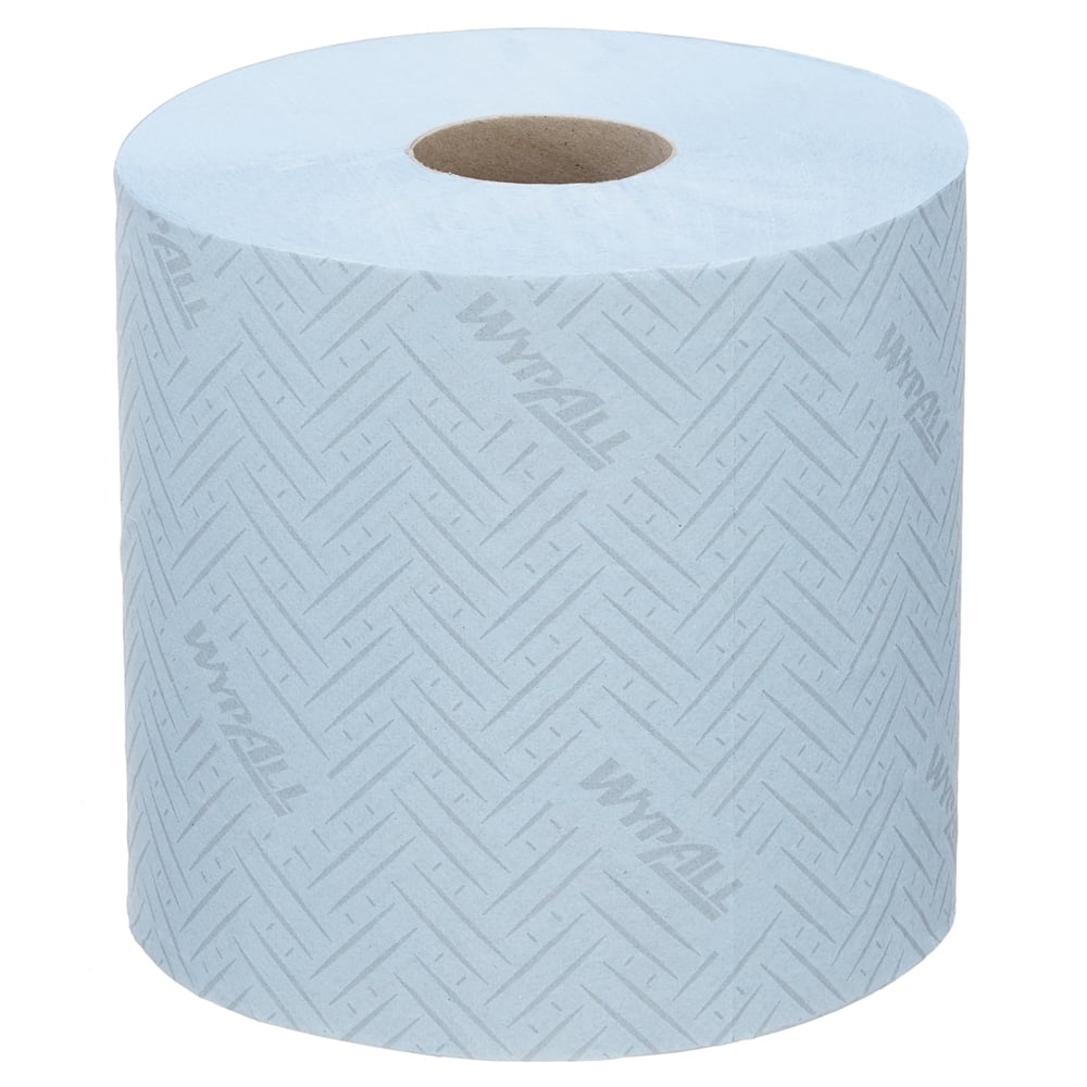Eine Packung mit 6 blauen WypAll® L10 Papierwischtuch-Zentrifugalrollen (je 630 Blatt) von Kimberly-Clark GmbH, mit Chevron-Muster und braunem Pappkern - ideal für den Lebensmittel- und Hygienebereich.