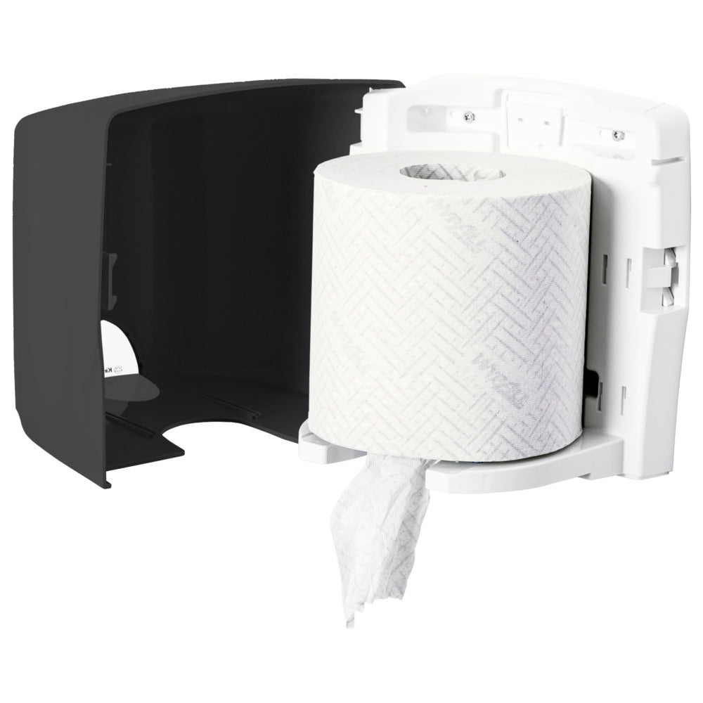Der Kimberly-Clark GmbH Aquarius™ Wischtuch-Spender - Roll Control in grau ist wandmontiert und offen, zeigt eine große Rolle mit einem nach unten hängenden Blatt - ideal für den professionellen Einsatz und kompatibel mit dem Roll Control System.