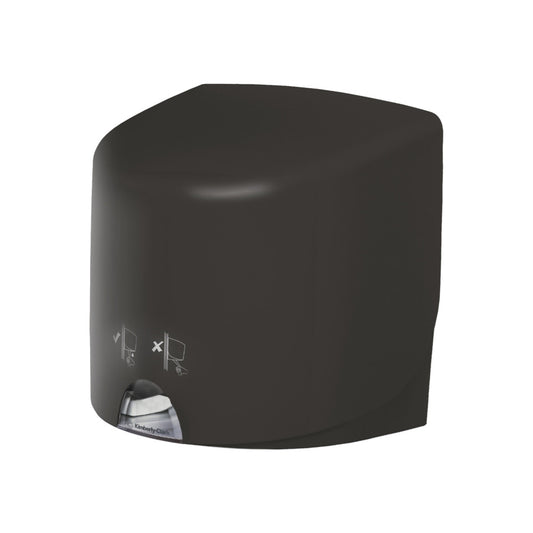 Ein grauer, an der Wand montierter Kimberly-Clark GmbH Aquarius™ Wischtuch-Spender - Roll Control ist vor einem schlichten weißen Hintergrund abgebildet, mit einfachen Anleitungssymbolen versehen und für den professionellen Einsatz konzipiert.