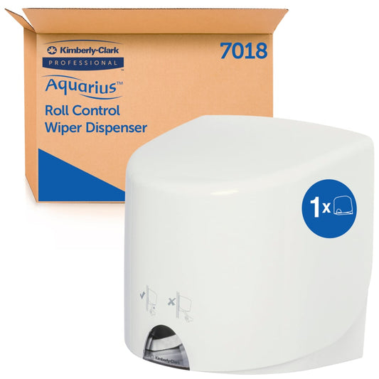 Der weiße Aquarius™ Wischtuch-Spender - Roll Control von Kimberly-Clark GmbH (1 Spender) steht vor seiner braun-blauen, mit "7018" beschrifteten Verpackung und eignet sich ideal für hygienische Reinigung.
