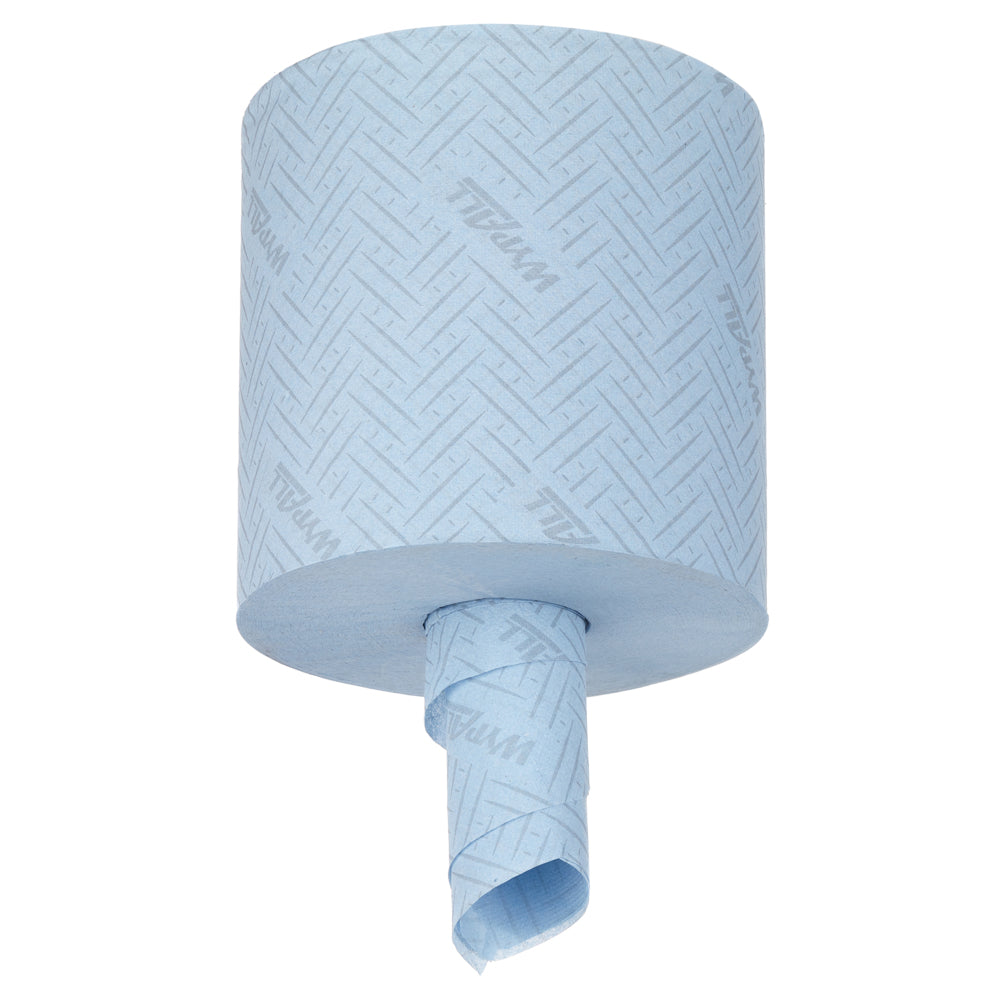 Ein großes blaues WypAll® L10 Papierwischtuch von Kimberly-Clark GmbH, 38,00 cm x 18,30 cm, mit einem strukturierten Muster und losem Ende, ideal als Centrefeed für Reach+™ in Service & Einzelhandel Reinigungsanwendungen.