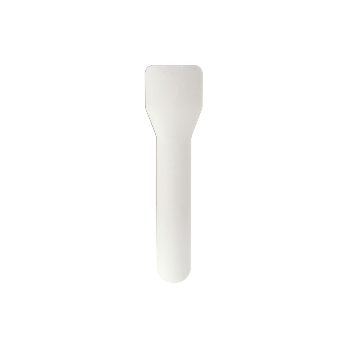Ein flacher, rechteckiger weißer Eislöffel (95mm) aus Papierfaser von Duni GmbH, fotografiert auf weißem Hintergrund - eine umweltfreundliche Wahl für nachhaltige Küchen. Verkauft in Packungen mit 100 Stück.