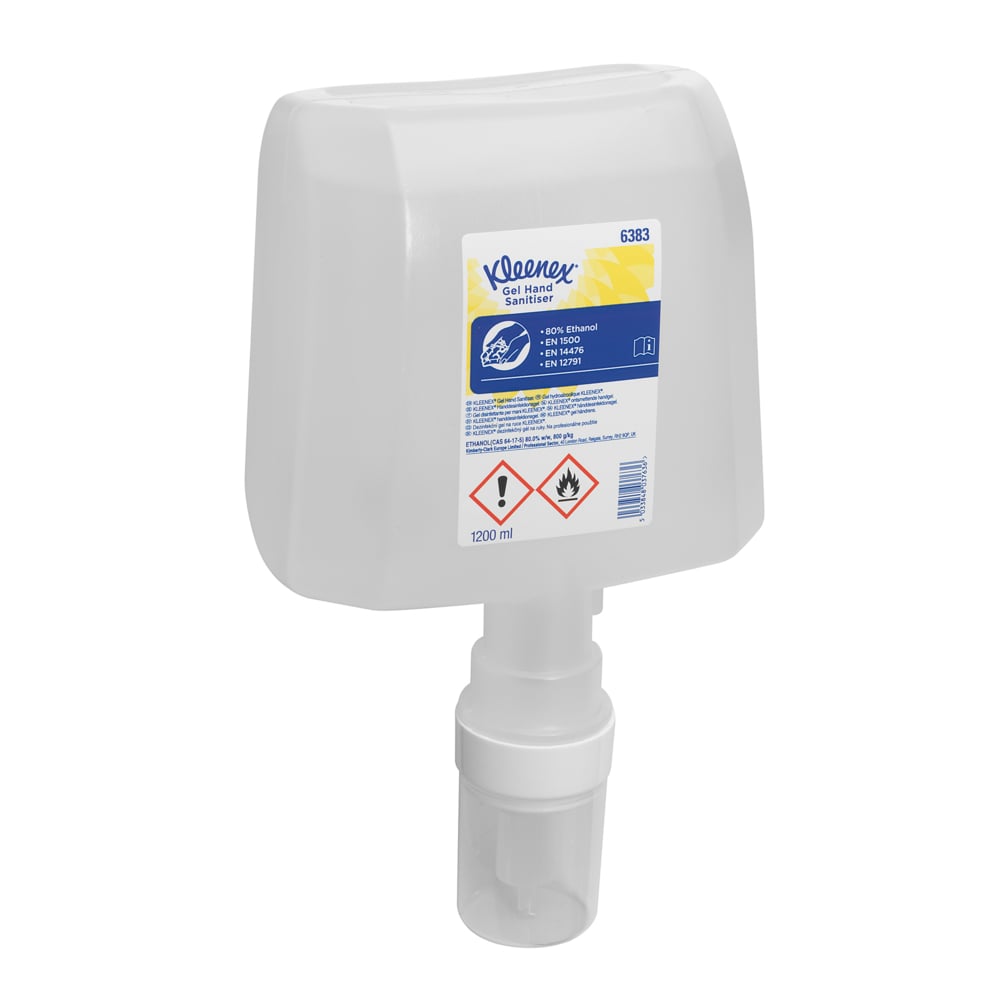 Das Kleenex® Extra Gel Händedesinfizieren der Kimberly-Clark GmbH wird in einer transparenten 1,2-Liter-Kassette für elektronische Spender geliefert; die weiße Flasche ist mit einem blau-gelben Gefahrenetikett versehen, das auf den entflammbaren Inhalt hinweist. Die Schachtel enthält 4 Kartuschen.