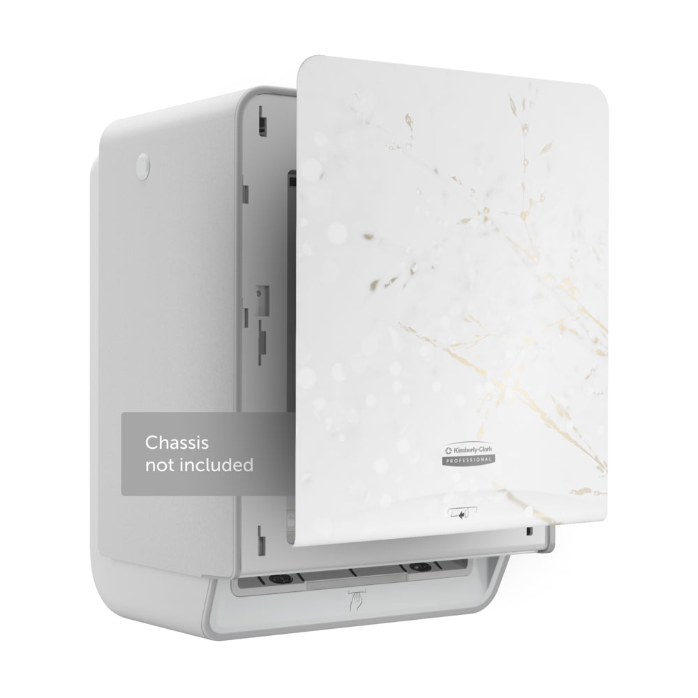 Eine Nahaufnahme der Kimberly-Clark Professional™ Icon™ Dispenser Faceplate - eHRT (33,02 x 37,47 x 3,18 cm) von Kimberly-Clark GmbH mit hellgrauer Oberfläche, weißem Paneel mit getrocknetem Grasmotiv und Etikett: "Chassis nicht enthalten".
