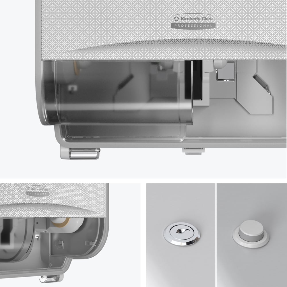 Eine Nahaufnahme des wandmontierten Kimberly-Clark Professional™ Icon™ Toilettenpapierspenders - Kleinrollen von Kimberly-Clark GmbH mit einer gemusterten Vorderseite. Weitere Bilder zeigen das Schloss, den runden Knopf und eine offene Seitenansicht, die die Innenteile zeigt.