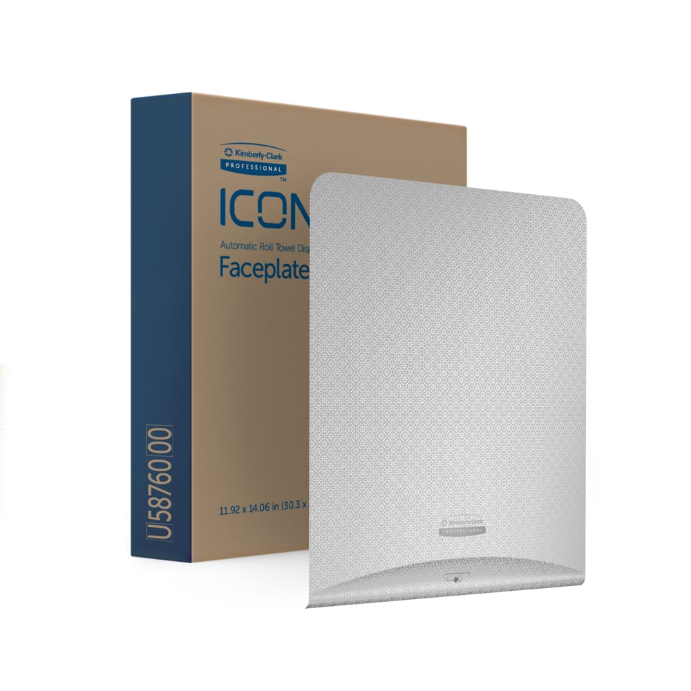 Hinter einer rechteckigen braun-blauen Schachtel mit der Aufschrift "Kimberly-Clark Professional™ Icon™ Dispenser Faceplate - eHRT" verbirgt sich eine strukturierte, silberne Faceplate der Kimberly-Clark GmbH, die perfekte Hygienelösung für jeden Bedarf an Waschraumzubehör.
