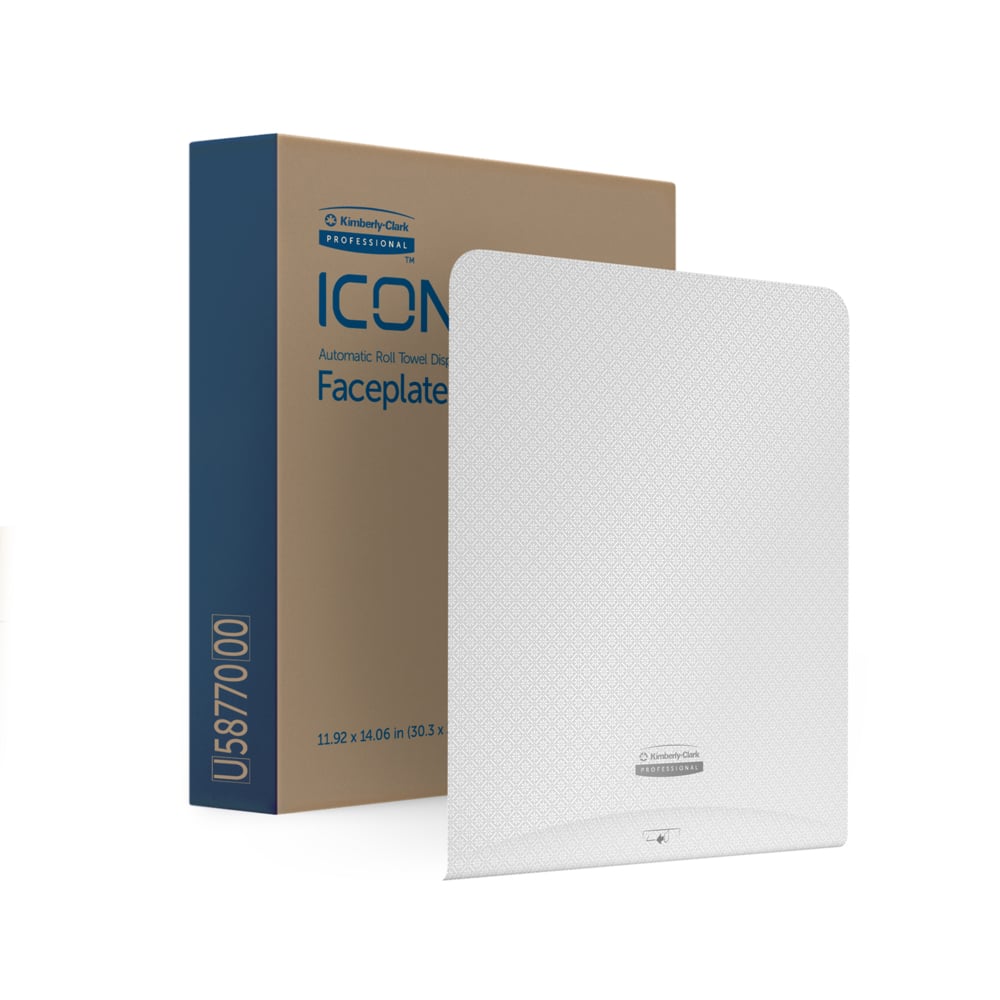 Ein weißes, strukturiertes Kimberly-Clark Professional™ Icon™ Dispenser Faceplate (33,02 x 37,47 x 3,18 cm) der Kimberly-Clark GmbH steht aufrecht vor einer braunen und blauen Schachtel - ideal für den modernen Waschraumzubehörbedarf.