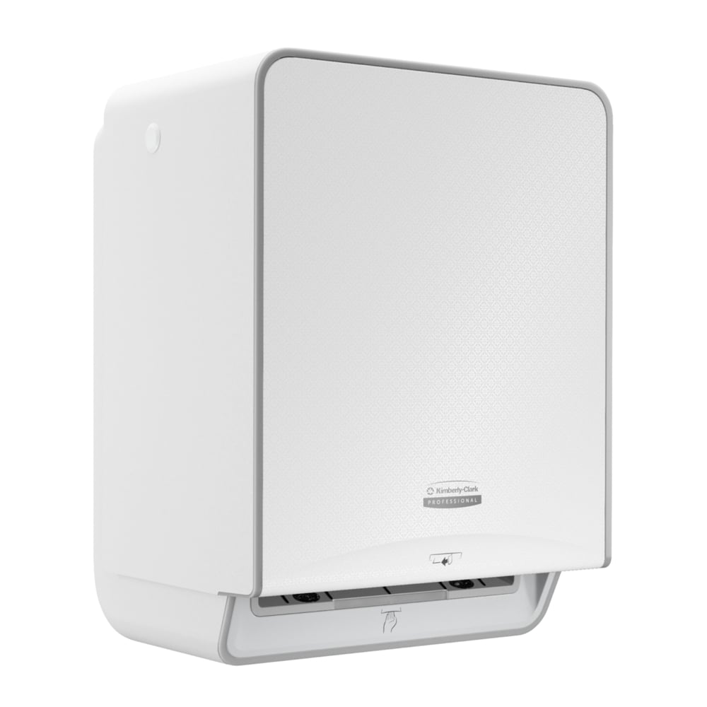 Der Kimberly-Clark Professional™ Icon™ Elektronischer Handtuchspender in Weiß hat eine rechteckige Form mit abgerundeten Kanten, ein wandmontiertes Design, ein Logo auf der Vorderseite und eine Öffnung an der Unterseite für hygienisches, berührungsfreies Händetrocknen.