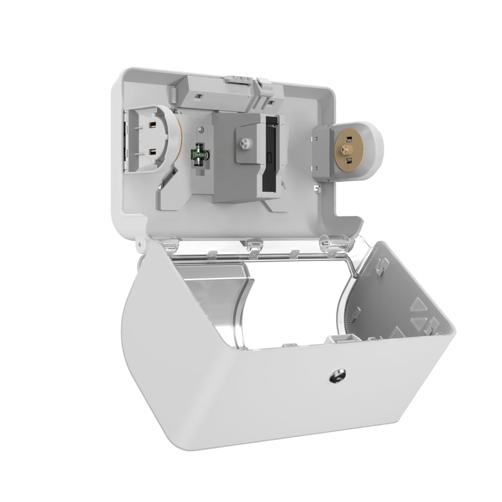 Ein weißer, wandmontierter Schaltschrank, dessen aufklappbarer Deckel die inneren Komponenten offenbart - ideal für die Integration mit dem Kimberly-Clark Professional™ Icon™ Toilettenpapierspender - Kleinrollen von Kimberly-Clark GmbH.