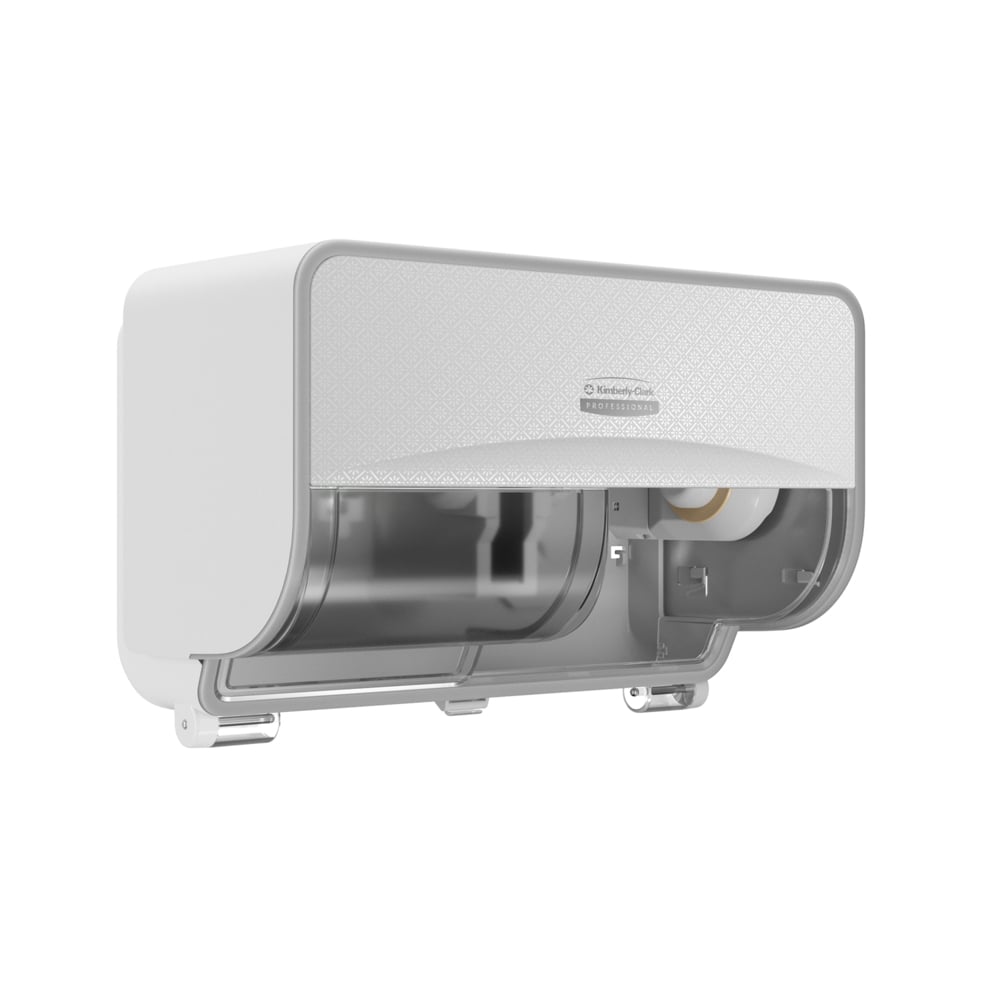 Der wandmontierte Kimberly-Clark Professional™ Icon™ Toilettenpapierspender - Kleinrollen von Kimberly-Clark GmbH verfügt über eine durchsichtige Frontplatte, auf der eine teilweise benutzte Rolle angezeigt wird, und hat ein elegantes rechteckiges Design in Weiß und Grau.