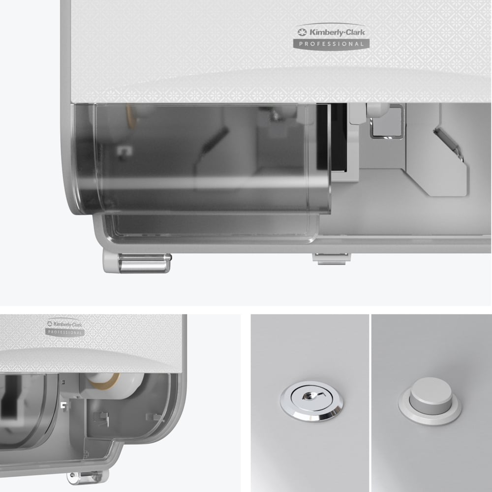Nahaufnahmen des Kimberly-Clark Professional™ Icon™ Toilet Tissue Spender - Kleinrollen von Kimberly-Clark GmbH zeigen die Frontplatte, das Innenfach für Kleinrollen, den Verschlussmechanismus und die runden Druckknöpfe als Designdetails.