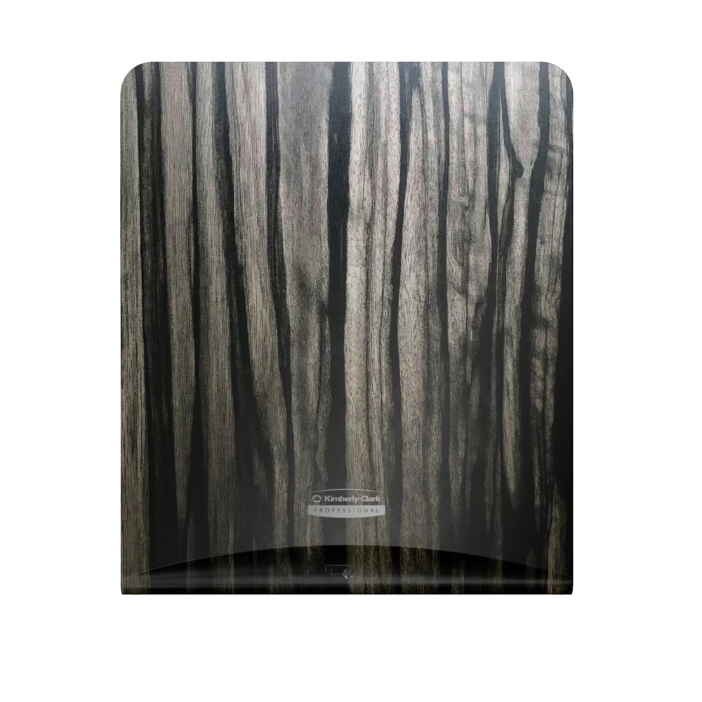 Die Kimberly-Clark Professional™ Icon™ Dispenser Faceplate - eHRT (33,02 x 37,47 x 3,18 cm) der Kimberly-Clark GmbH zeichnet sich durch ein dunkles Holzmaserungsmuster und ein Logo aus, was sie zu einer eleganten Wahl für jeden Hygienebereich macht.