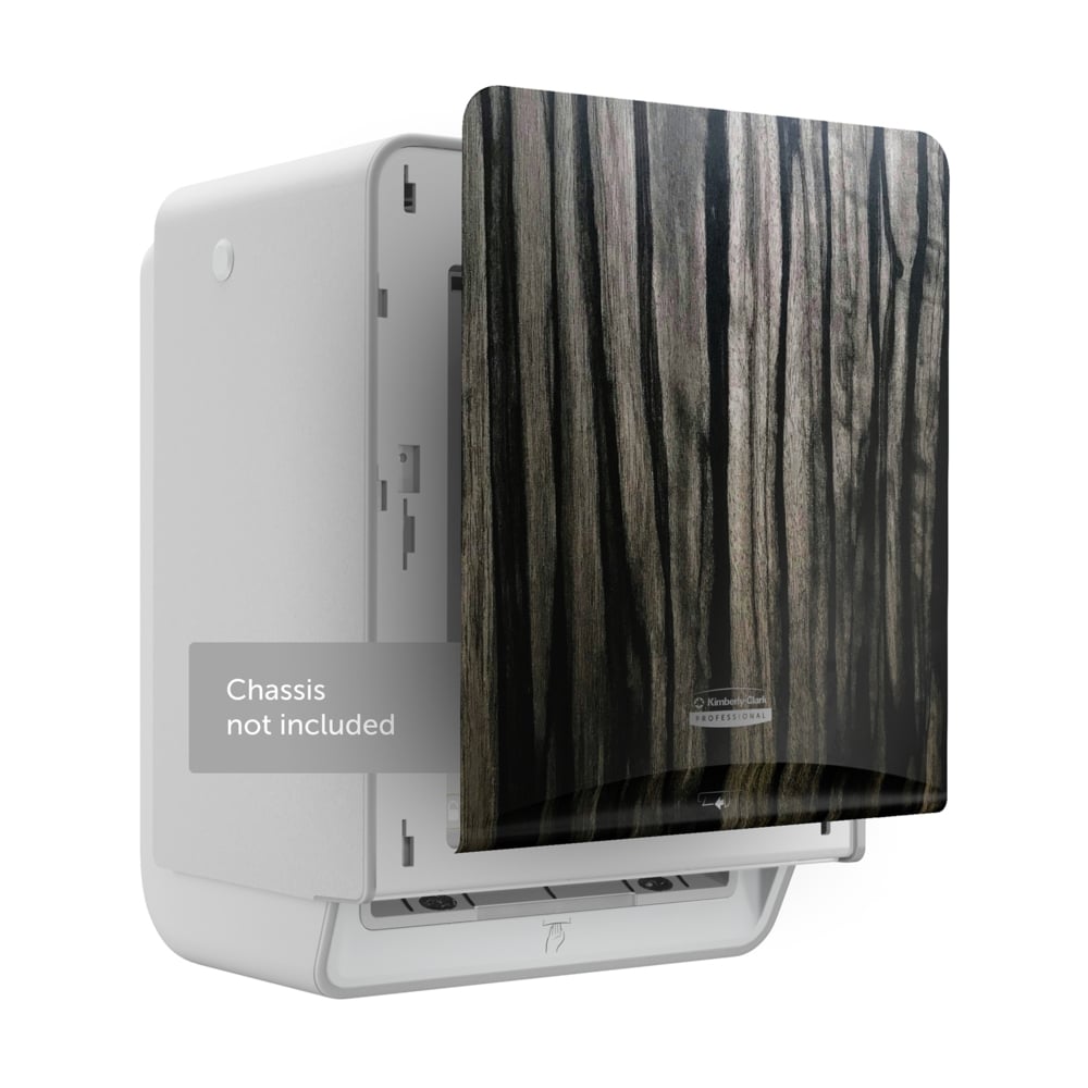 Die Kimberly-Clark Professional™ Icon™ Dispenser Faceplate - eHRT (33,02 x 37,47 x 3,18 cm) von Kimberly-Clark GmbH, abgebildet in Holzmaserung, ist teilweise an einem weißen Gerät angebracht. Chassis nicht enthalten. Perfekt für den modernen Bedarf an Waschraumzubehör.