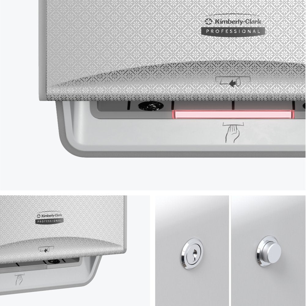 Ein Kimberly-Clark Professional™ Icon™ Elektronische No Touch - Losse Module - Rolle / Silver Mosaic von Kimberly-Clark GmbH wird aus verschiedenen Winkeln gezeigt, wobei Logo, Tasten und die berührungslose Handtuchabgabe hervorgehoben werden.