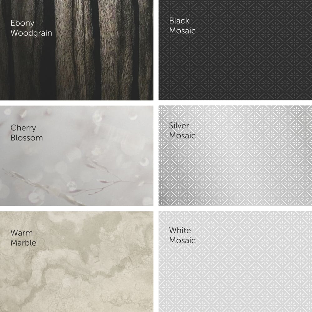 Ein Raster zeigt sechs rechteckige Muster - Holzmaserung aus Ebenholz, Schwarzes Mosaik, Kirschblüte, Silbernes Mosaik, Warmer Marmor und Weißes Mosaik -, die für eine einfache Auswahl mit dem Kimberly-Clark Professional™ Icon™ No Touch Modul (Silbernes Mosaik) von Kimberly-Clark GmbH klar gekennzeichnet sind.
