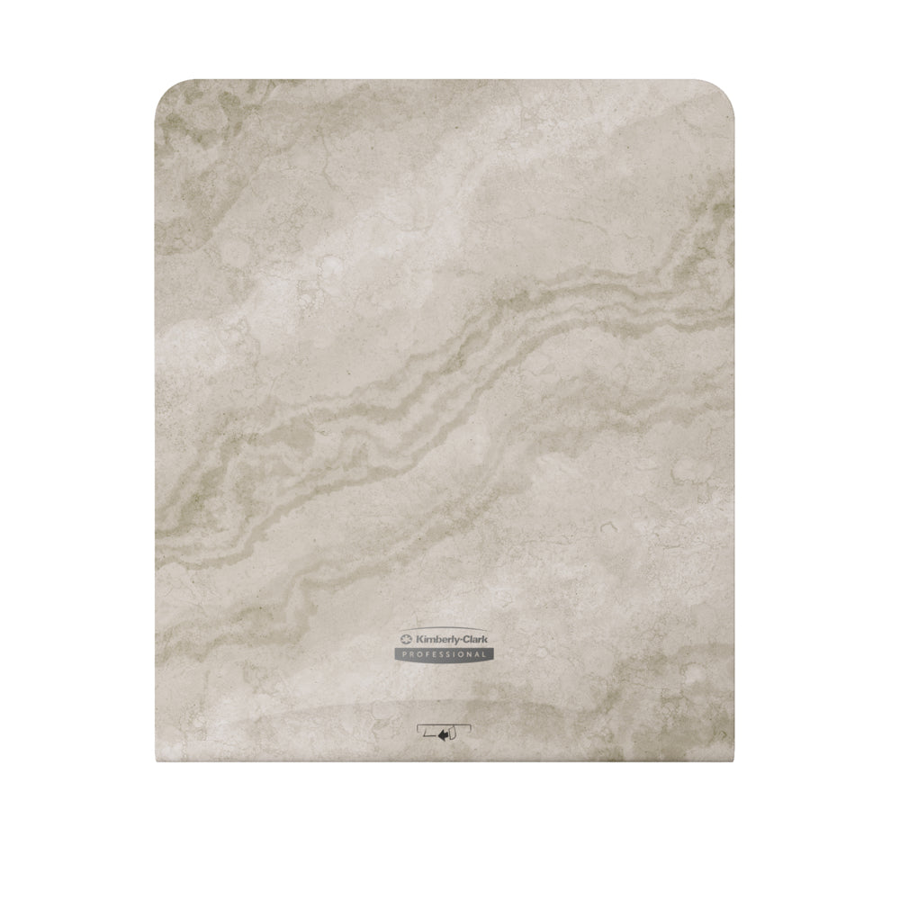 Die Kimberly-Clark Professional™ Icon™ Dispenser Faceplate - eHRT (33,02 x 37,47 x 3,18 cm) der Kimberly-Clark GmbH zeichnet sich durch ein beigefarbenes Marmor-Design und ein zentrales Logo aus und verleiht Ihrer Waschraum-Zubehör-Kollektion Eleganz.