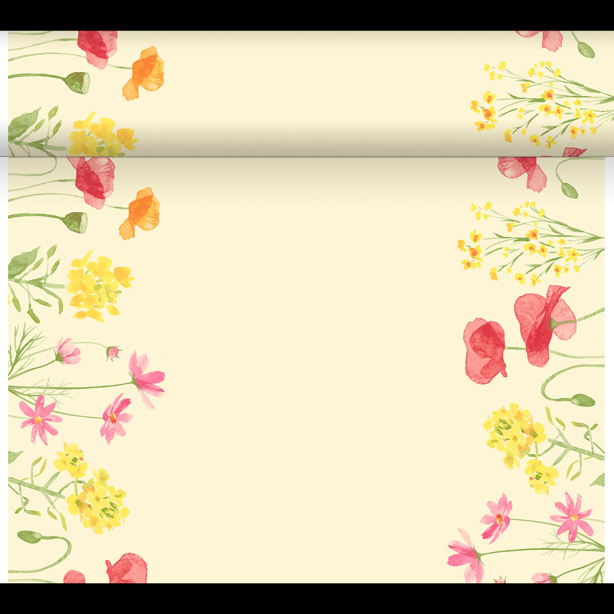 Ein blassgelbes DC-Tete a Tete 0,4x24m von Duni GmbH ist mit aquarellierten rosa, gelben und roten Wildblumen an den Rändern versehen, die an einen charmanten Garten erinnern. Die Mitte ist frei zum Schreiben oder Zeichnen.