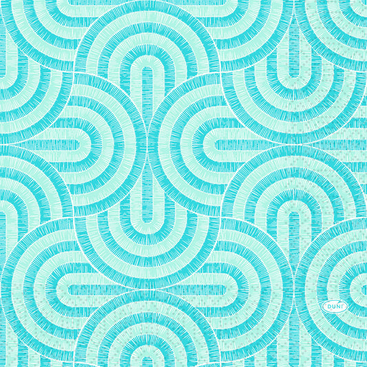 Überlappende türkisfarbene Halbkreise mit strahlenförmigen Linien bilden ein geometrisches Muster auf einem hellen mintblauen Breeze-Hintergrund. Die 3-lagigen Servietten Serv.33x33 1/4 (250er-Pack) der Duni GmbH sind mit einem "DUNI"-Logo in der rechten unteren Ecke versehen.