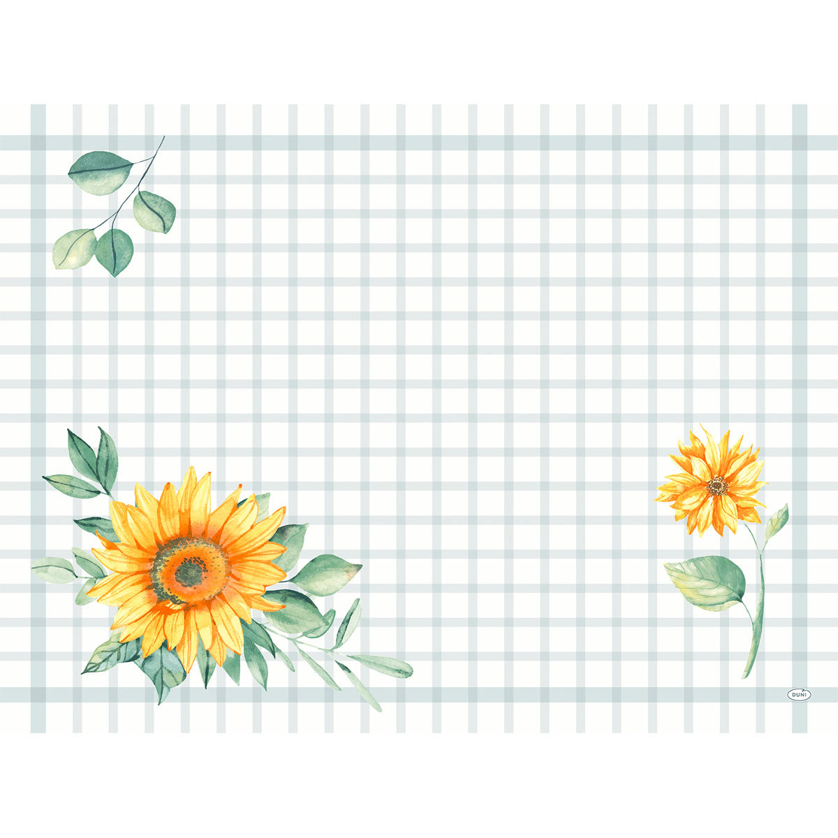 Die Dunicel-Sets 30x40 der Duni GmbH zeigen einen hellblau-weiß karierten Hintergrund mit zwei gelben Sonnenblumen und grünen Blättern - eine große unten links, eine kleinere im unteren rechten Quadranten.