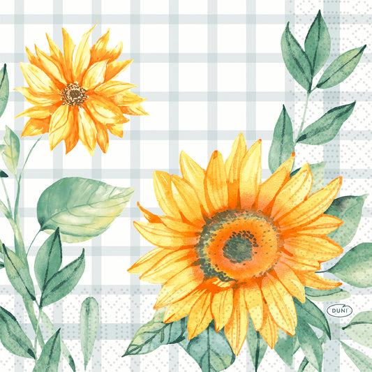 Aquarell-Illustration von zwei Sonnenblumen mit grünen Blättern auf einem weiß und hellblau karierten Hintergrund. Die Duni GmbH Serv.33x33 3lg 1/4 Sunflower day Servietten kommen in einer Packung mit 50 Stück und haben die Maße 33x33 cm.