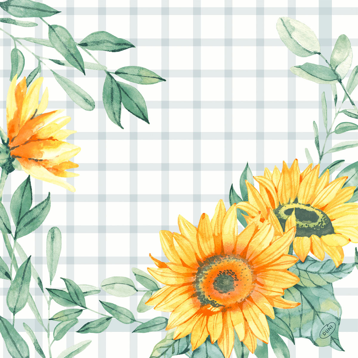 Aquarell-Illustration von drei gelben Sonnenblumen mit grünen Blättern auf weißem Hintergrund mit hellgrauem Karo, ideal zur Dekoration von Dunisoft-Serv. 40x40cm von Duni GmbH für einen weichen, stoffähnlichen Servietten-Look.