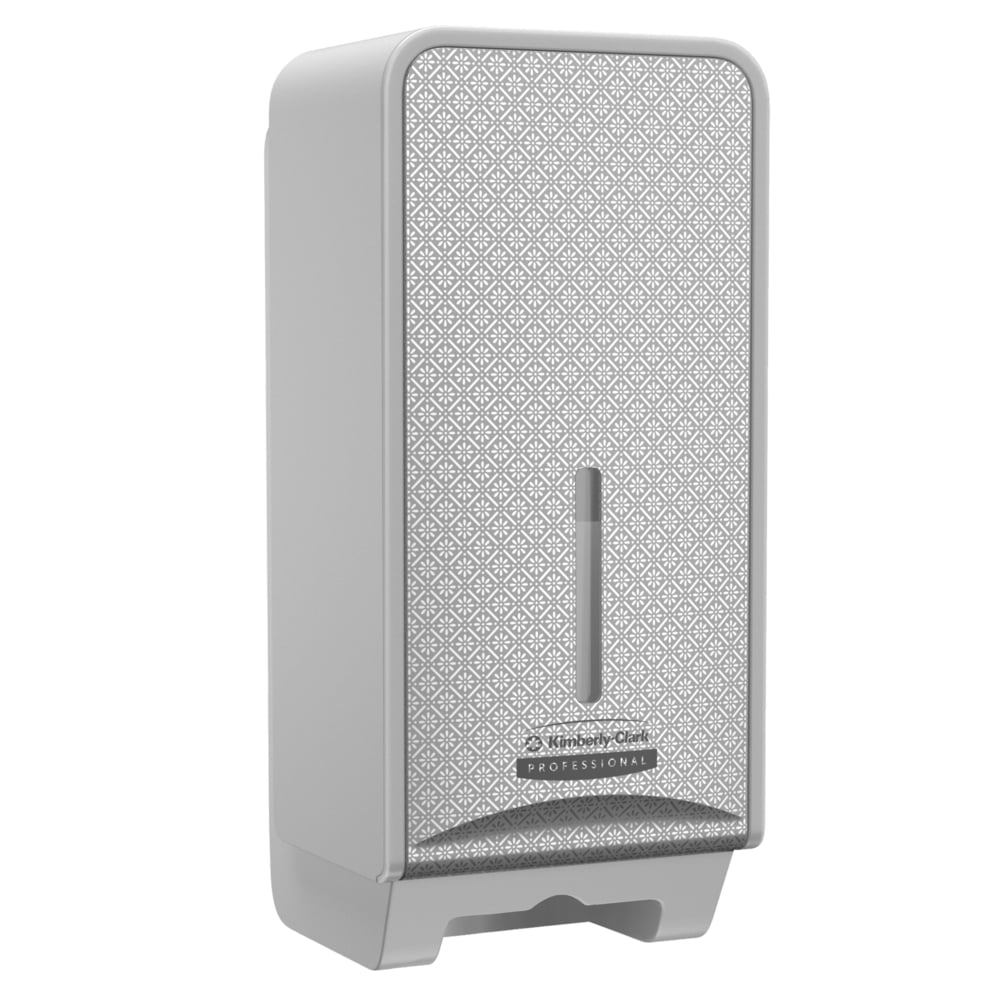 Der Kimberly-Clark Professional™ Icon™ Toilettenpapierspender für gefaltetes Toilettenpapier (32x14,5x13,8 cm) ist wandmontiert, rechteckig, mit gemustertem Frontpanel, Sichtfenster und Ausgabeschlitz unten. Marke: Kimberly-Clark GmbH.