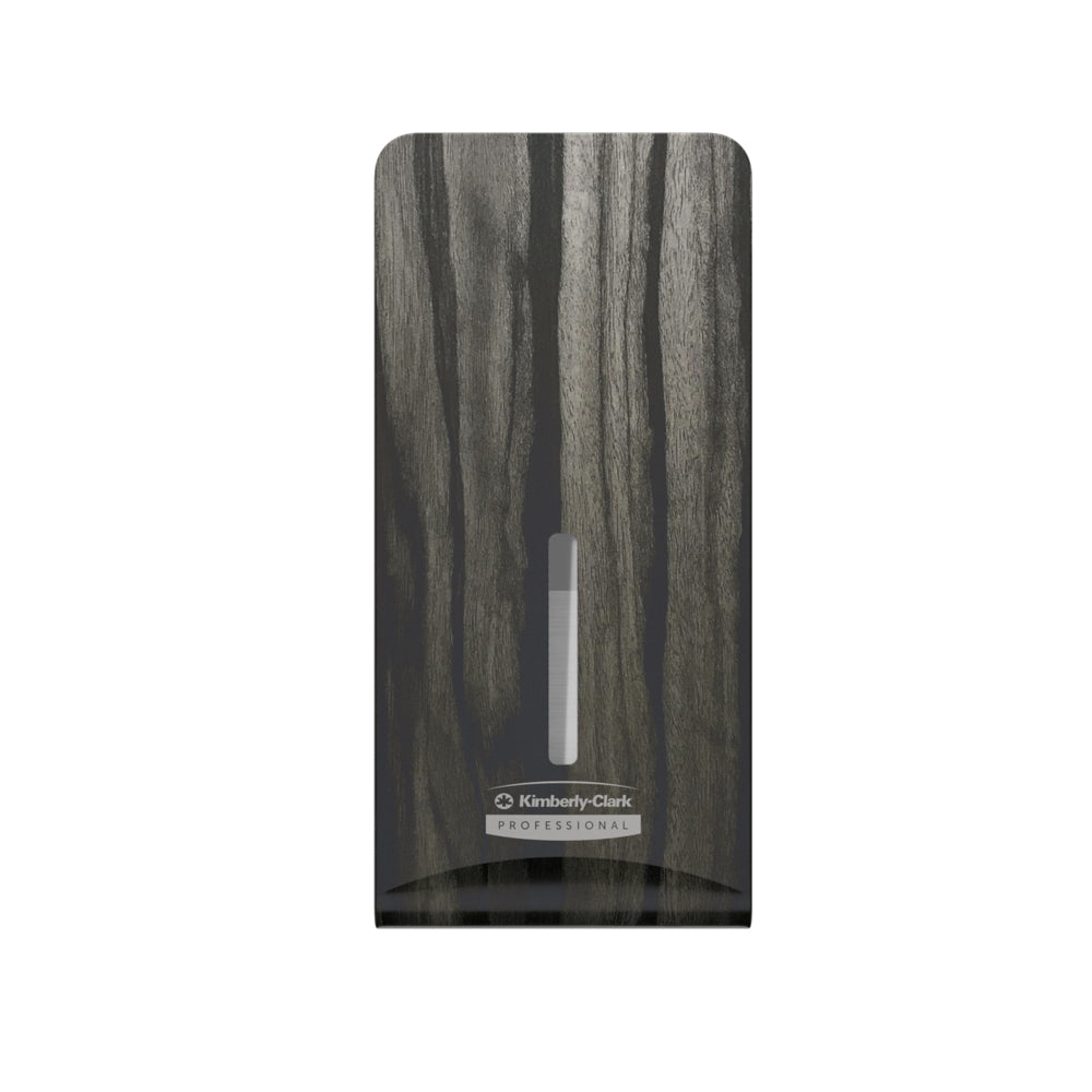Die Kimberly-Clark GmbH Professional™ Icon™ Dispenser Faceplate - FTT (27,80 x 13,10 x 1,40 cm) zeichnet sich durch ein dunkles Holzmaserungsdesign mit einem vertikalen Fenster aus, das sich ideal für moderne Waschräume eignet und auf einem weißen Hintergrund abgebildet ist.