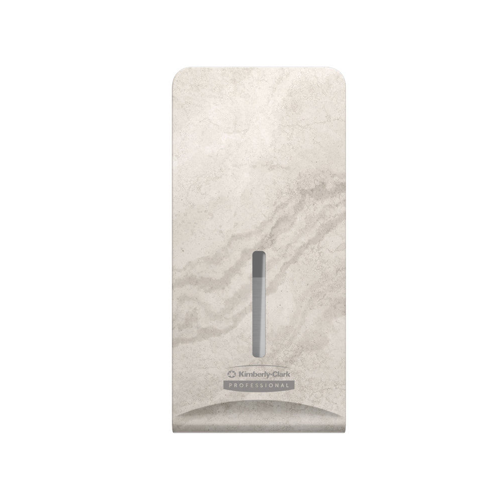 Die Kimberly-Clark Professional™ Icon™ Dispenser Faceplate - FTT (27,80 x 13,10 x 1,40 cm) von Kimberly-Clark GmbH hat ein hellgraues Marmormuster und ein vertikales Fenster, ideal für moderne Waschräume und kompatibel mit mehreren Spendereinheiten.