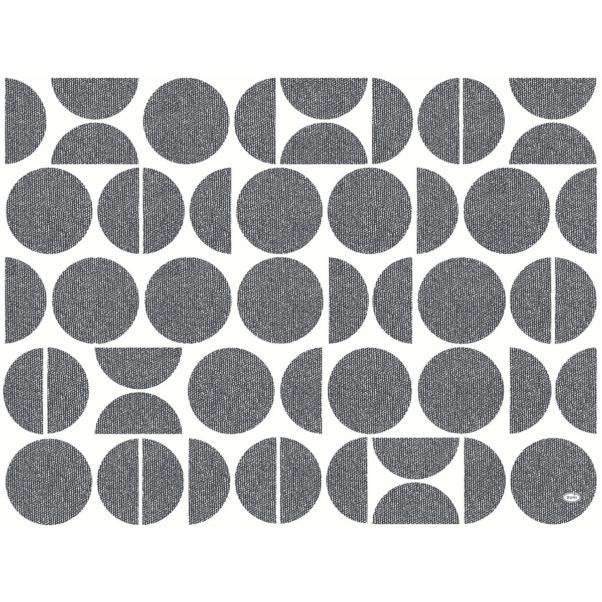 Ein schwarz-weißes geometrisches Muster aus Kreisen und Halbkreisen mit gepunkteter Struktur ziert die Duni GmbH Dunicel-Tischsets 30 x 40 cm Shapes | Packung (100 Stück), ideal für den modern und stilvoll gedeckten Tisch.
