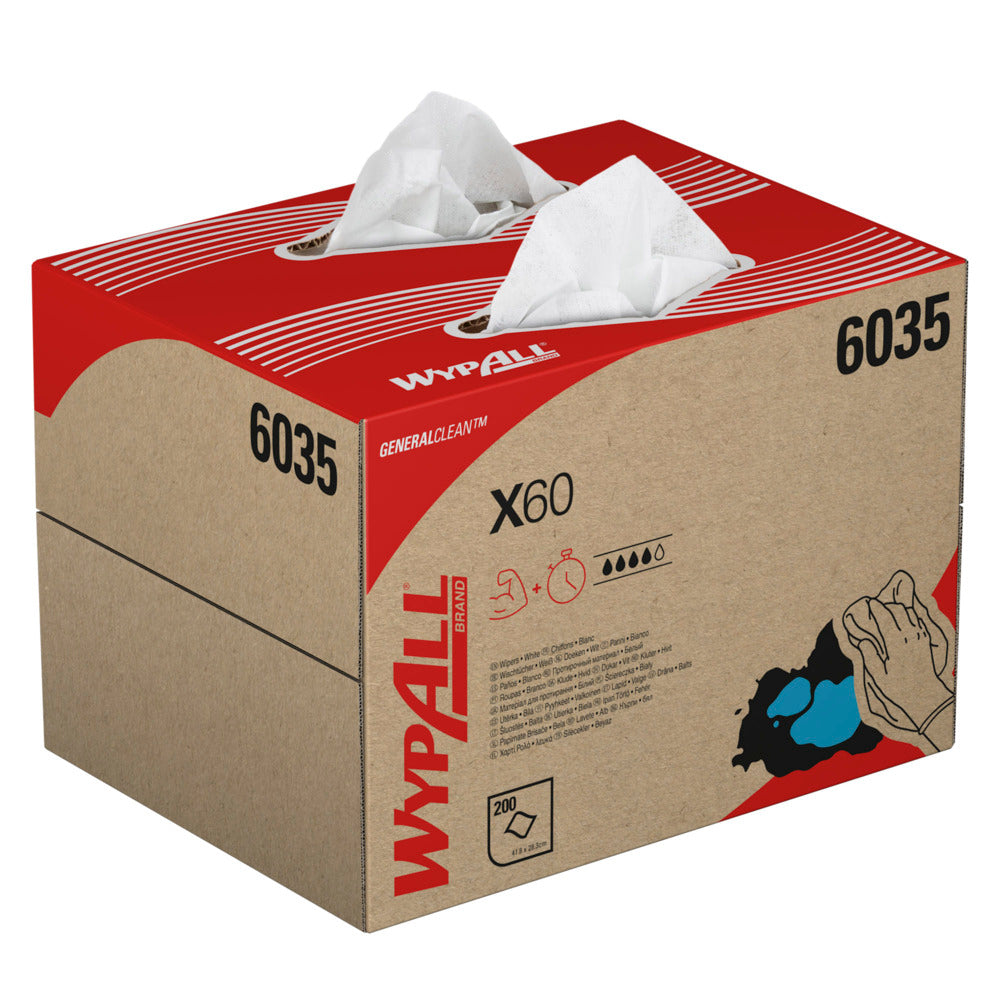 Eine BRAG™-Kartonschachtel der Kimberly-Clark GmbH mit der Aufschrift "WypAll® X60 General Clean" (41,80 x 28,30 cm) zeigt zwei hervorstehende Taschentücher mit rotem und schwarzem Aufdruck, Produktinformationen, Abbildungen und der Nummer 6035 auf den Seiten.