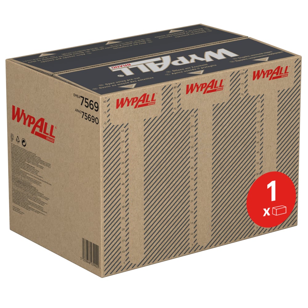 Ein brauner Karton der Kimberly-Clark GmbH mit "WypAll"-Schriftzug enthält WypAll® ForceMax Wischtücher, blau, viertelgefaltet, 33,50x34,50cm-1 Spenderkarton (480 Blatt). Mit rotem Kreis "1 x", Produktnummern und wiederholten WypAll-Logos auf der Oberseite.