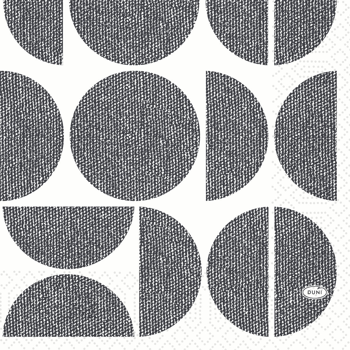 Die 3-lagigen Zelltuchservietten "Shapes" der Duni GmbH (33x33 cm, 1/4 Falz) zeigen strukturierte dunkelgraue Kreise und Halbkreise auf weißem, dezent gepunktetem Hintergrund. Der Schriftzug "DUNI" befindet sich im rechten unteren Halbkreis. Packung: 250 Servietten.