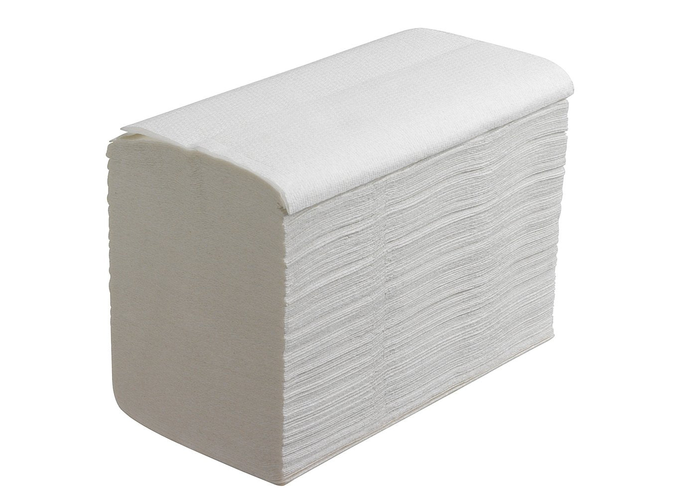 Ein Stapel Scott® Essential™ Handtücher - interfold / Weiß / Klein (15 Clips x 340 Blatt) von Kimberly-Clark GmbH liegt rechteckig arrangiert, ein Tuch ist leicht angehoben, ideal für hygienisches Händetrocknen vor weißem Hintergrund.