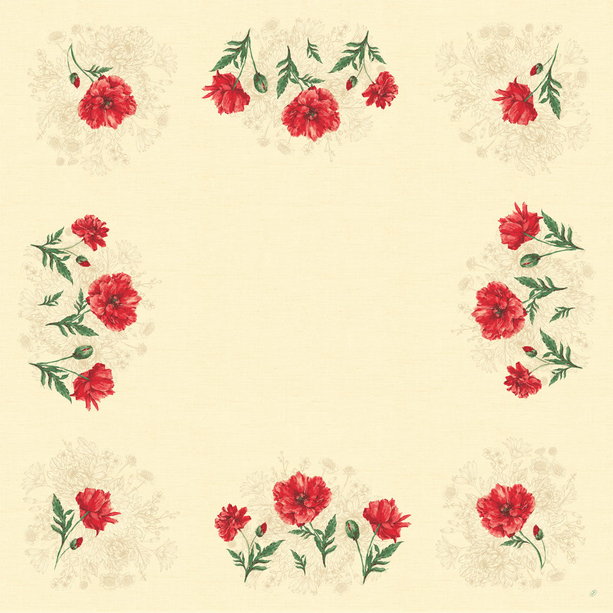 Die Dunicel-Mitteldecken 84 x 84 cm Monique von Duni GmbH haben einen cremefarbenen Hintergrund mit roten Nelken und grünen Blattbüscheln an den Ecken und Seiten, die eine florale, umweltfreundliche Bordüre bilden; die Mitte ist leer. Packung mit 20 Stück.