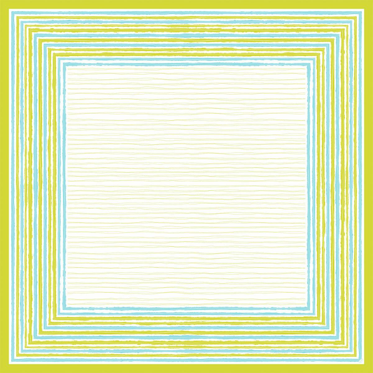 Die Dunicel-Mitteldecken 84 x 84 cm "Elise Stripes" der Duni GmbH haben einen quadratischen, geometrischen Rahmen mit blauen, gelben und grünen Streifen um einen cremefarbenen Mittelpunkt mit dezenten Linien. Verkauft in Packungen zu 100 Stück.
