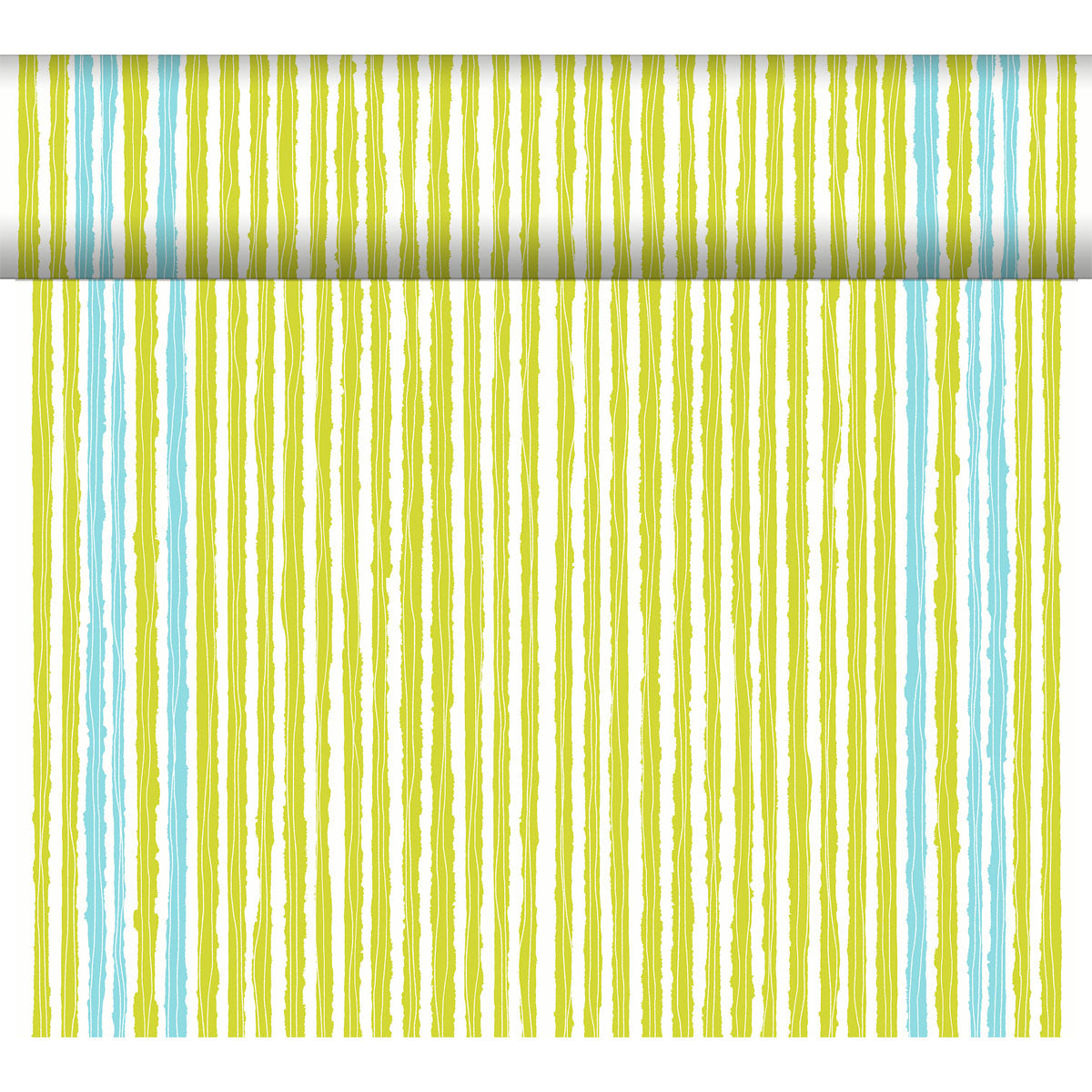 Eine Tapetenrolle mit handgemalten Längsstreifen in Gelb, Grün und Hellblau - perfekt für kreative Tischdekorationen oder in Kombination mit dem Dunicel-Tischläufer Tête-à-Tête 24 m x 0,4 m von Duni GmbH.