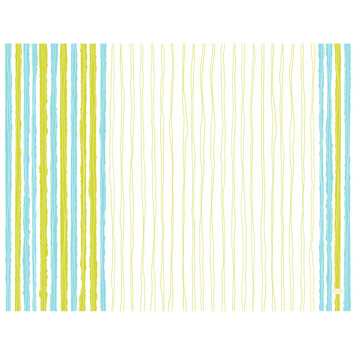 Die Duni GmbH Papier-Tischsets 30 x 40 cm "Elise Stripes" (250 Stück) zeigen auf der linken Seite abstrakte blaue, grüne und gelbe Wellenlinien, die auf weißem Hintergrund in dünne Linien übergehen - perfekt für eine moderne Tischdekoration.