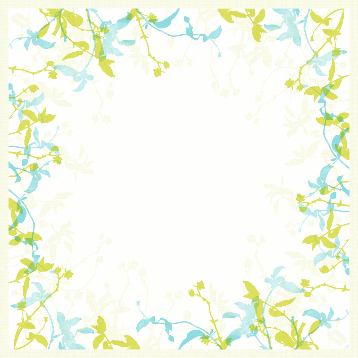 Die Dunicel-Mitteldecken 84 x 84 cm "Elise" von Duni GmbH (20 Stück) sind mit grünen und blauen Aquarellblättern an den Rändern verziert - perfekt für elegante und festliche Tischdekoration, die Mitte bleibt weiß.