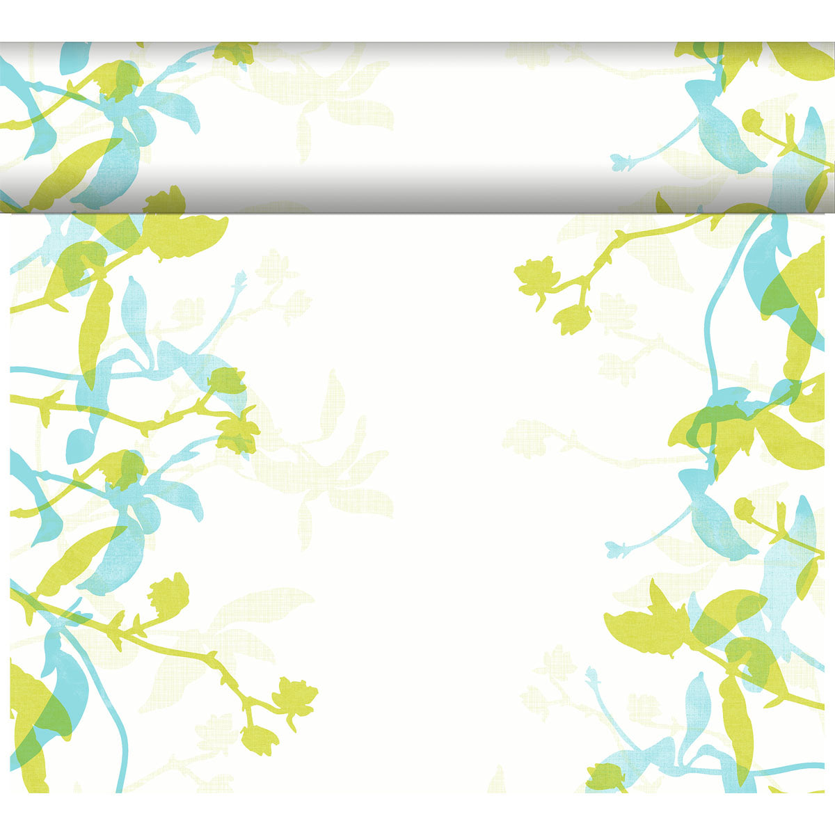 Ein weißes Laken mit grüner und blauer Blumenbordüre auf drei Seiten passt perfekt zum Duni GmbH Dunicel-Tischläufer Tête-à-Tête 24 m x 0,4 m (20 Abschnitte) und ist damit ideal für eine stilvolle Tischdekoration.