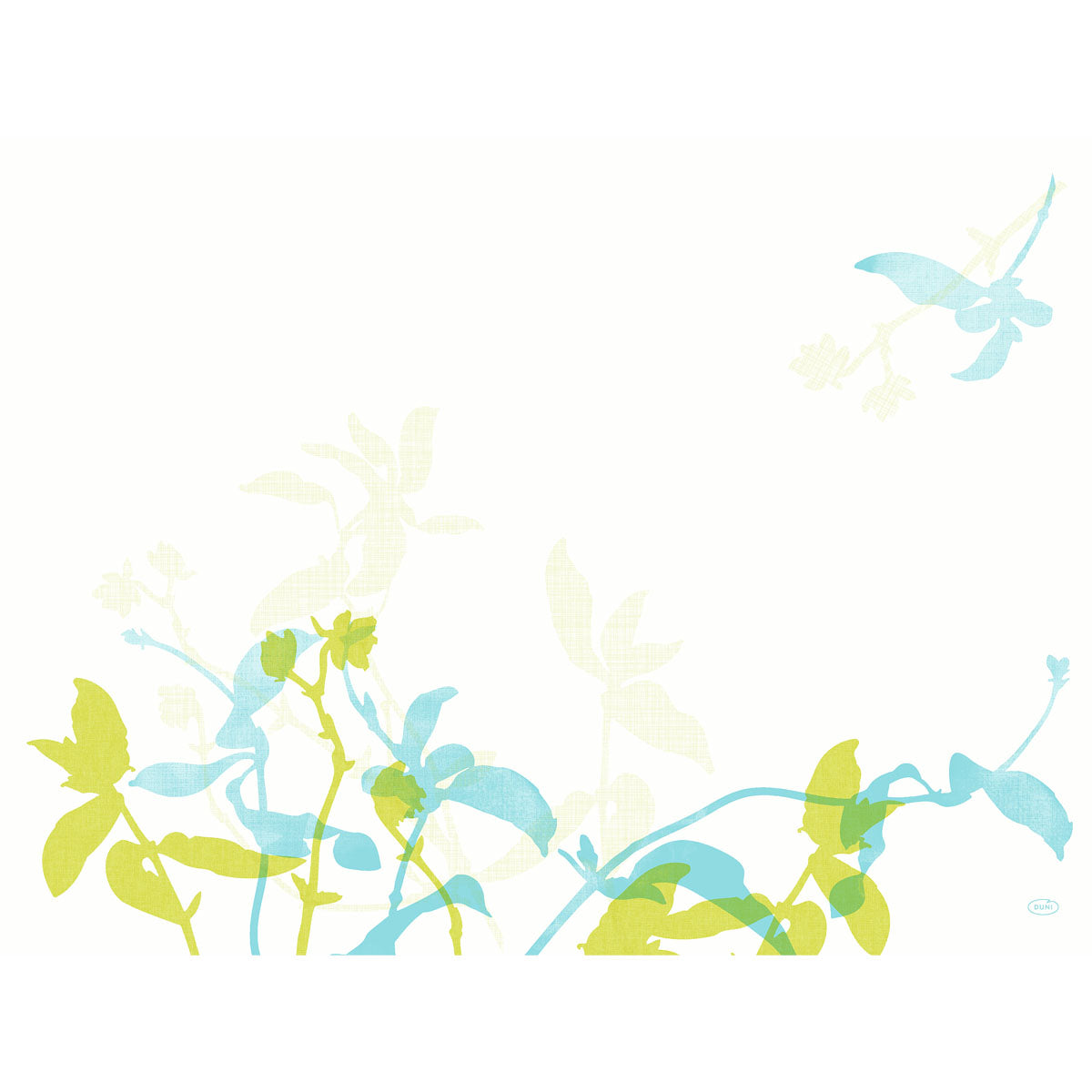 Die Dunicel-Tischsets 30 x 40 cm Elise von Duni GmbH zeigen ein minimalistisches Design mit hellgrünen und blauen Pflanzenstängeln, verblassenden Blättern und einem passenden Vogel auf Weiß. Jede Packung enthält 100 Tischsets.