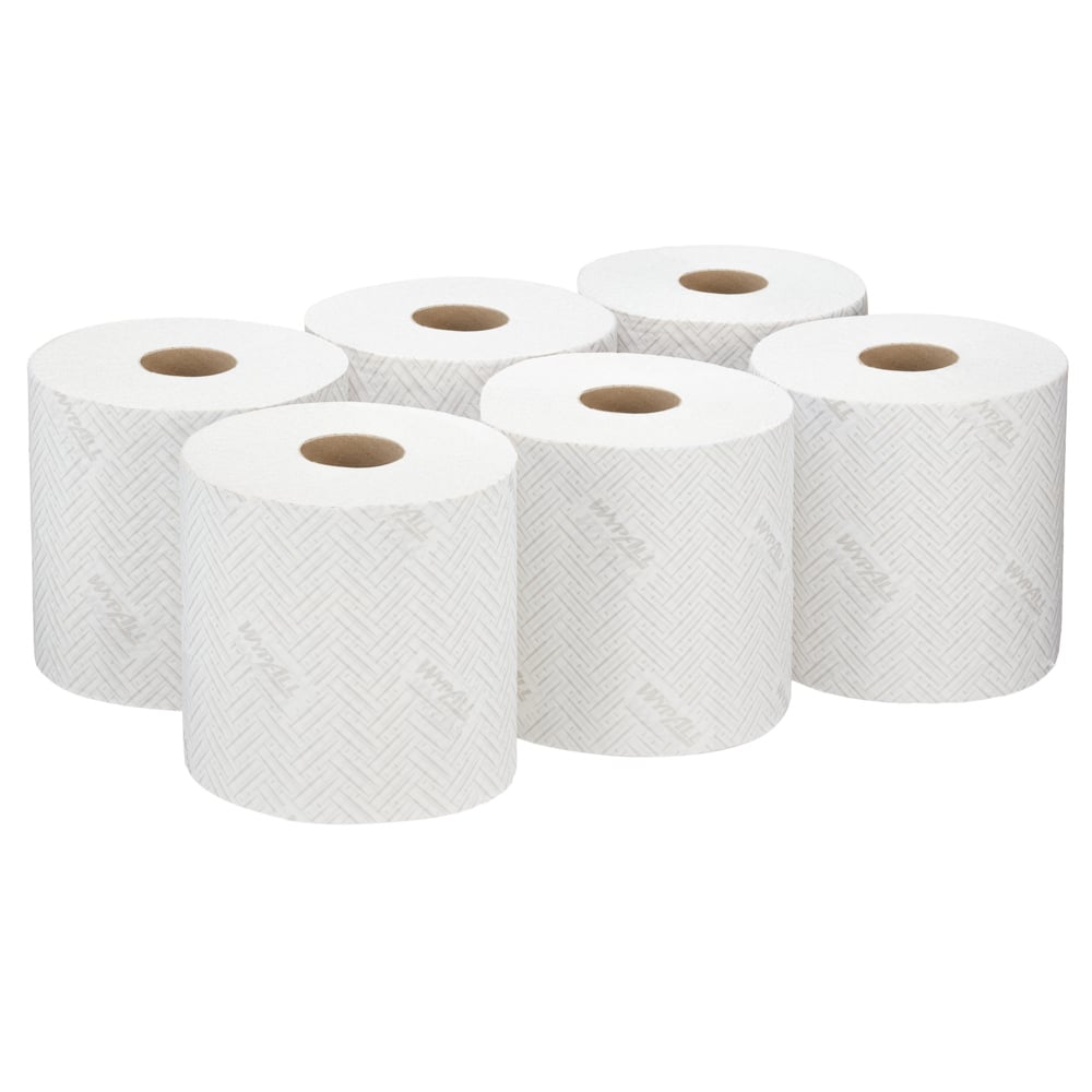 Sechs weiße WypAll® L20 Papierwischtuch-Rollen von Kimberly-Clark GmbH, 2-lagig, Zentralentnahme, angeordnet in zwei Dreierreihen; jede Rolle fasst 550 Blatt und hat sichtbare Papphülsen in der Mitte.