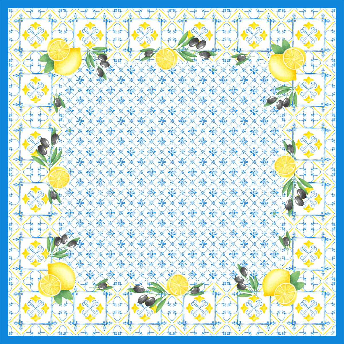 Die Dunicel-Mitteldecken 84 x 84 cm Mediterrian von Duni GmbH zeigen ein blau-weißes geometrisches Fliesenmuster mit Zitronen-, Blatt- und Olivenzweigbordüren - ideal für die Gastronomie Tischdekoration. Packung: 20 Stück.