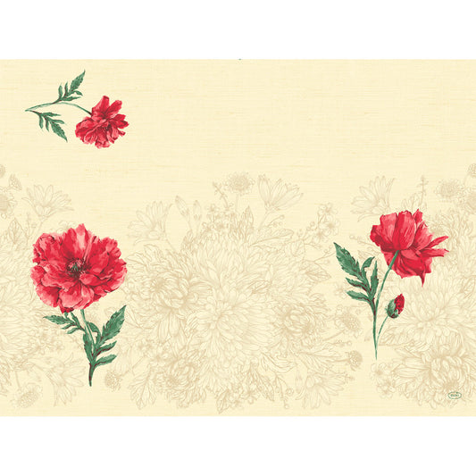 Ein beiger Hintergrund mit hellen floralen Konturen und drei roten Blumen im Vordergrund hebt die Dunicel-Sets 30x40 Monique - hochwertige Tischsets für Events (100 Stück) der Duni GmbH hervor, die in der linken oberen Ecke eine kleine rote Blume aufweisen.