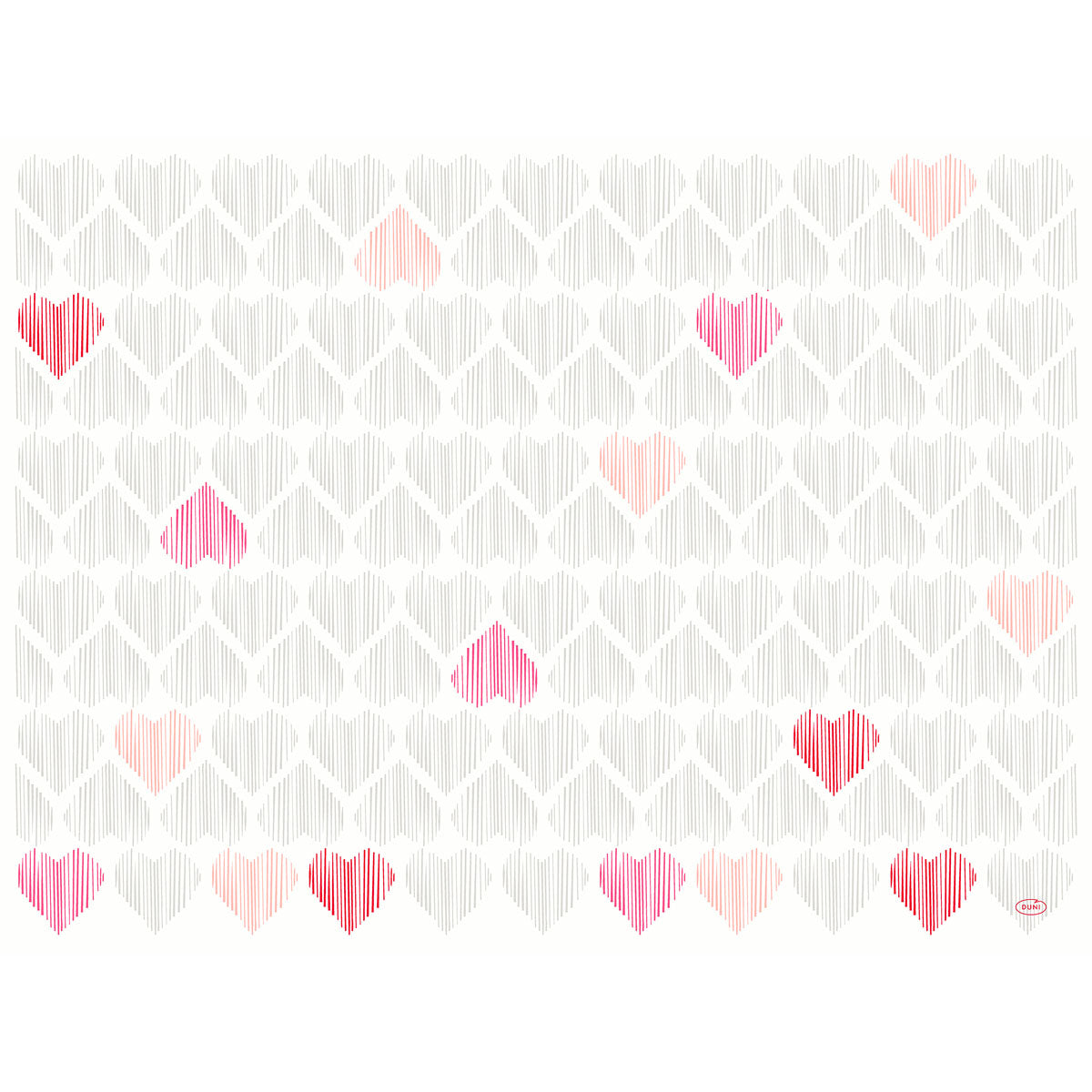 Ein Raster aus Herzformen in Grau, Rosa, Rot und Pfirsich ziert die Dunicel-Tischsets 30 x 40 cm Amour der Duni GmbH (Packung 100 Stück), die sich perfekt für die Verwendung auf weißem Untergrund eignen.